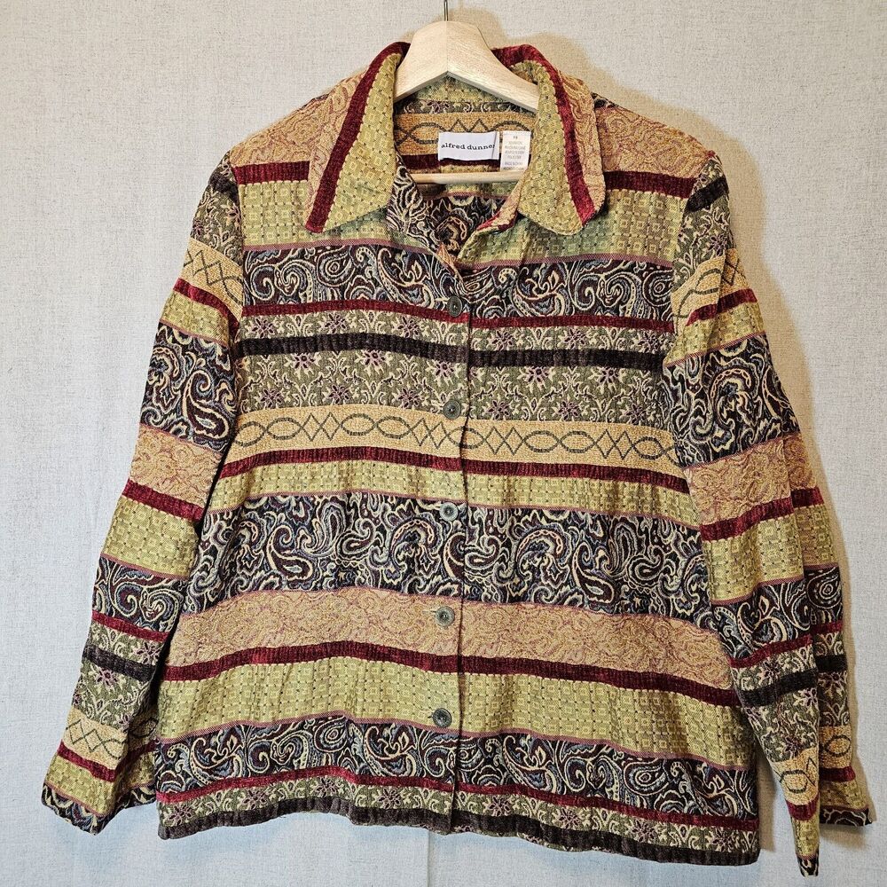 Alfred Dunner Tapestry Jacket Velvet Accents Full Button Up Pockets Vintage 18